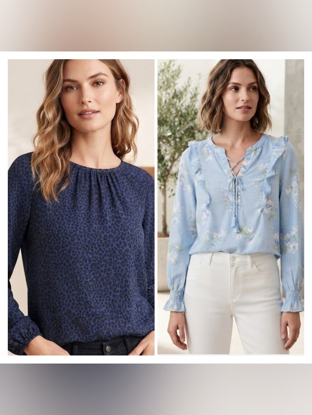 LOFT Pale Blue Floral Ruffle Blouse And Loft Blue And Black Print Blouse